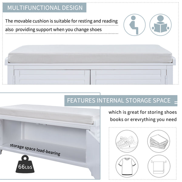 Storage Bench with Removable Cushion, Louver Design Wooden Shoe Bench for Entryway Living Room Bedroom